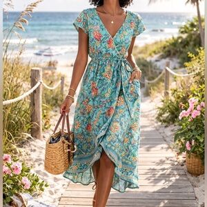 Band of the Free Faux Wrap Floral Maxi Dress Small Boho Pockets